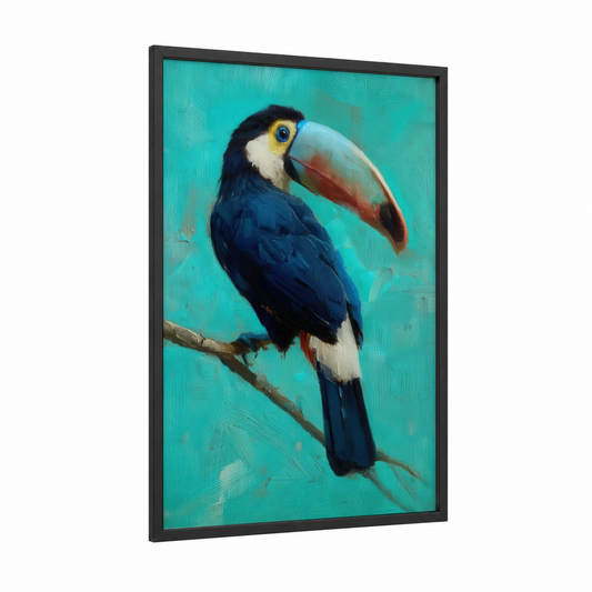 Turquoise Toucan framed art print — black wood frame — turquoise palette
