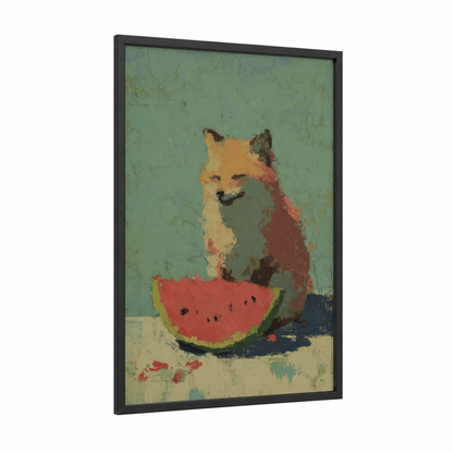 Watermelon Fox framed art print — black wood frame — sage green palette