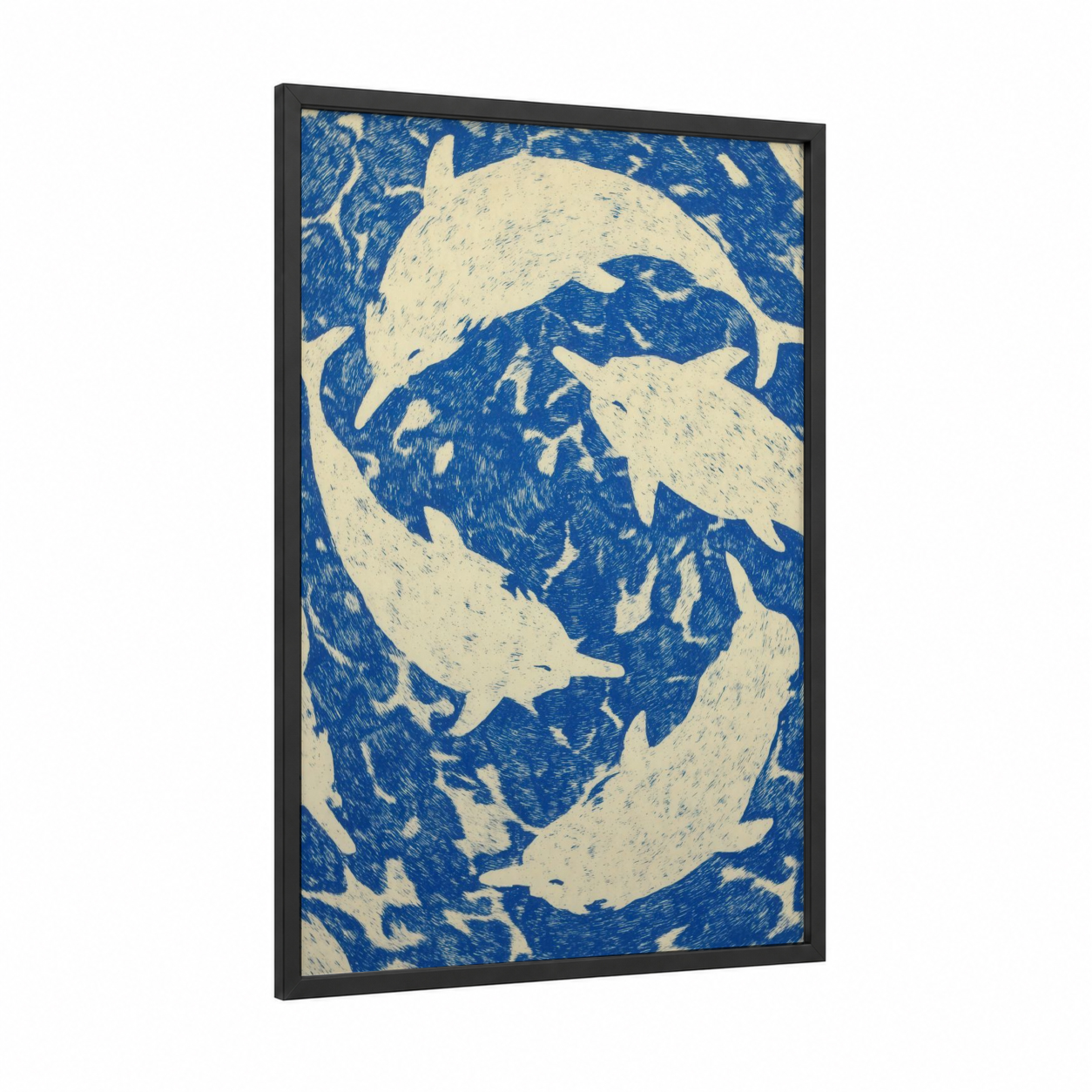 Dancing Narwhals framed art print — black wood frame — blue and white palette
