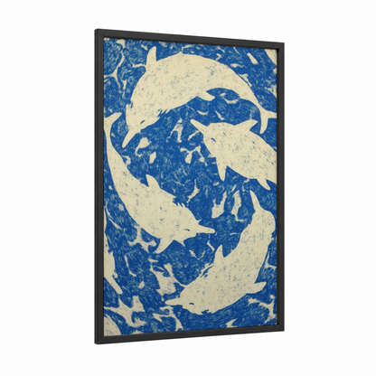 Dancing Narwhals framed art print — black wood frame — blue and white palette