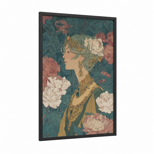 Golden Elf Maiden framed art print — black wood frame — teal and rose gold palette