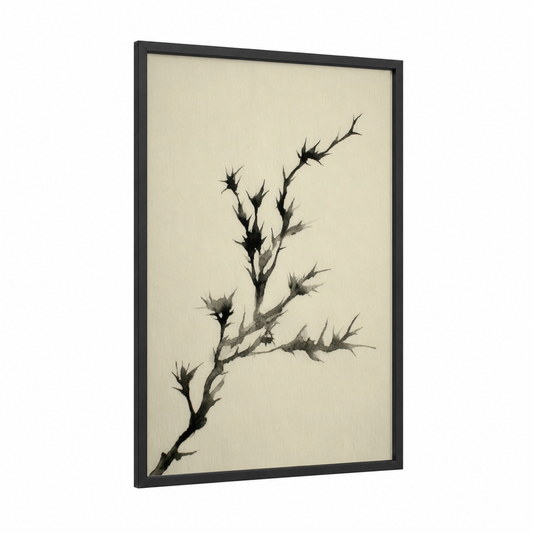 Spiky Desert Branch framed cactus print — black wood frame — cream and black and white palette