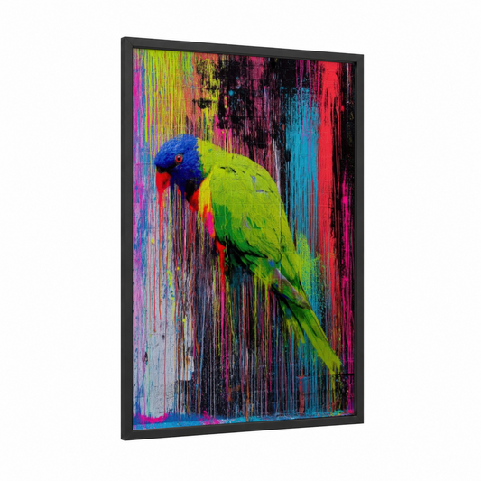 Neon Parrot framed safari parrots print — black wood frame — magenta and lime green palette