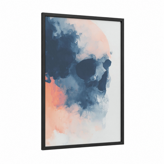 Watercolor Skull framed art print — black wood frame — blue and peach palette