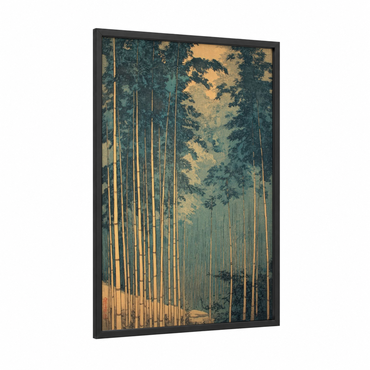 Golden Bamboo Forest framed bamboo jungle print — black wood frame — gold and dark green palette