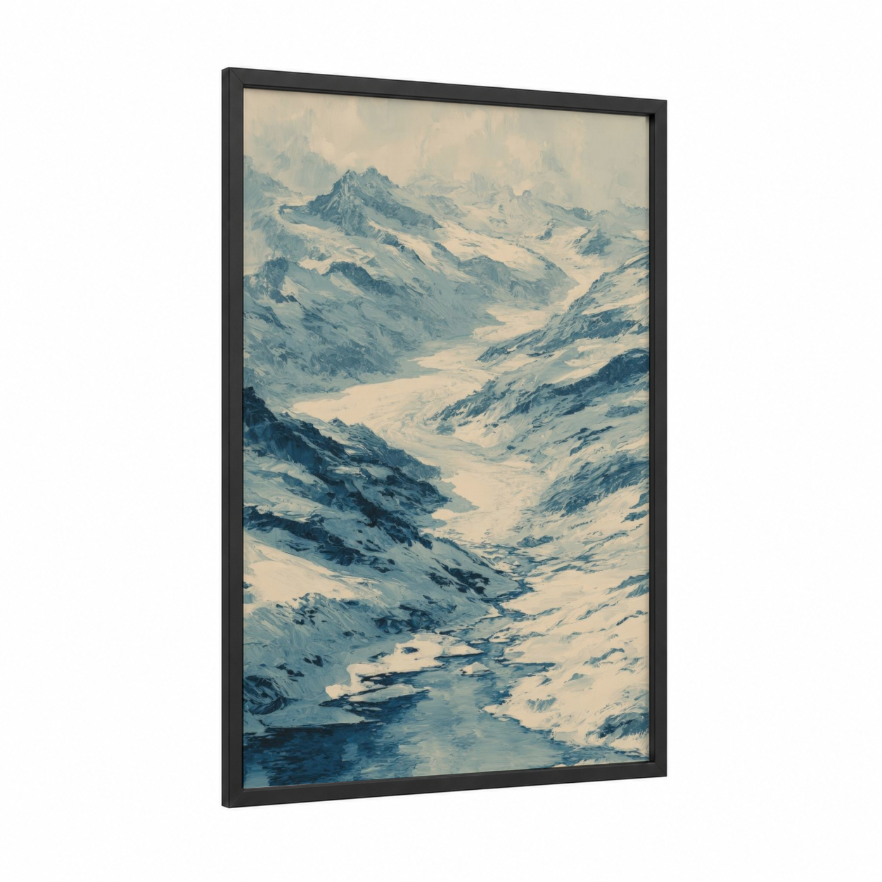 Alpine Glacier Valley framed himalayas print — black wood frame — cream and blue and white palette