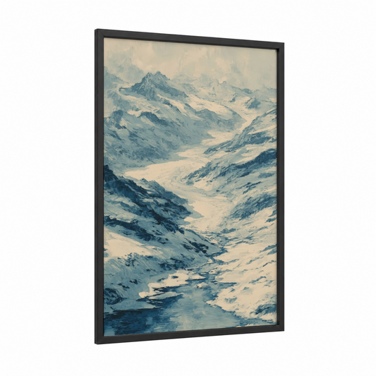 Alpine Glacier Valley framed himalayas print — black wood frame — cream and blue and white palette