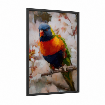 Rainbow Lorikeet Portrait framed art print — black wood frame — blue and orange palette