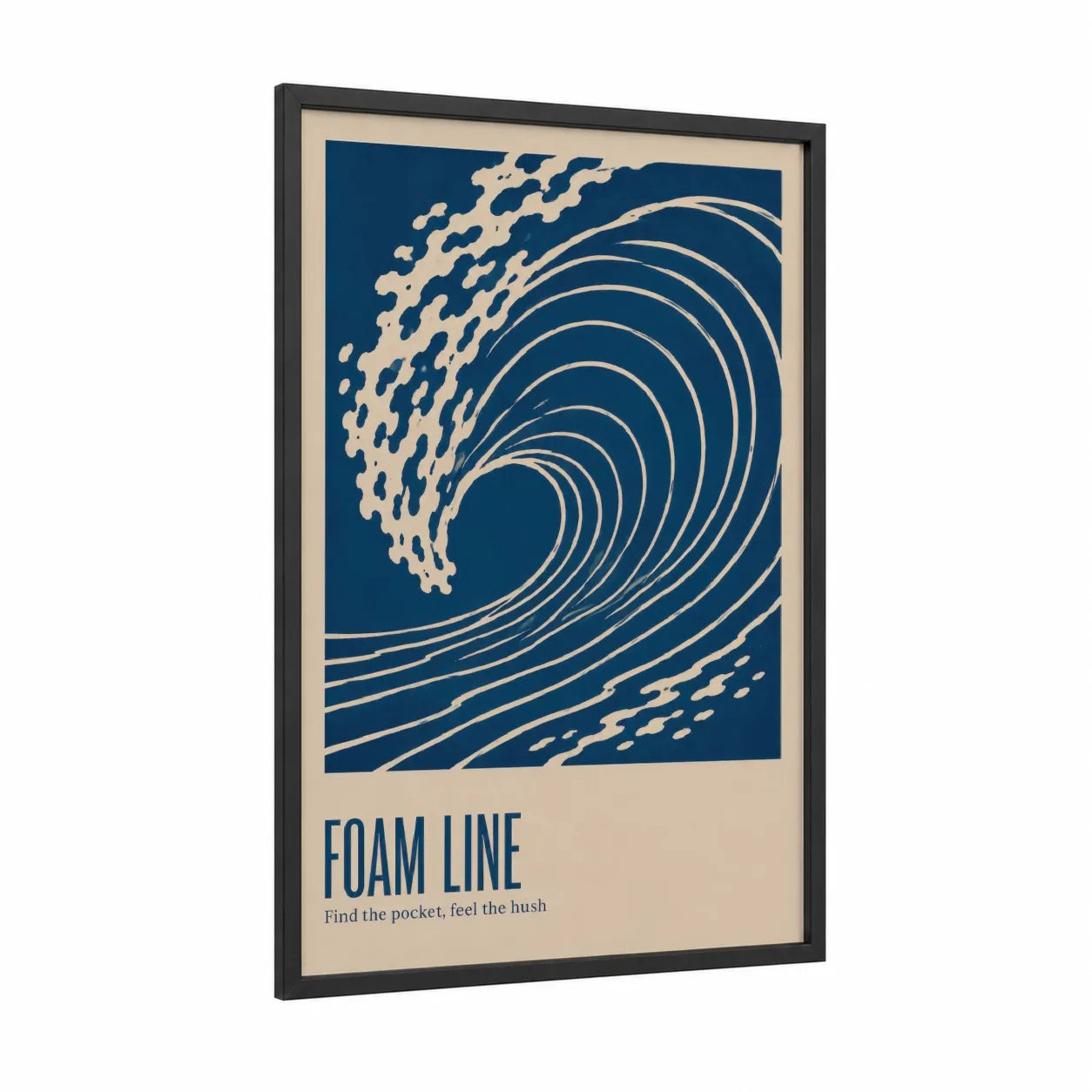 Ocean Wave Line Art Wall Art framed seascapes and ocean print — black wood frame — blue and cream palette