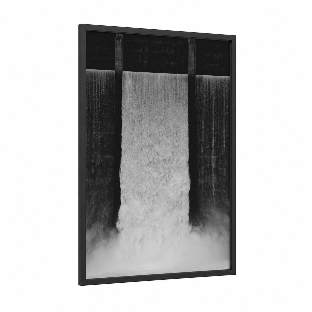 Monumental Dam Flow framed art print — black wood frame — black and white and gray palette