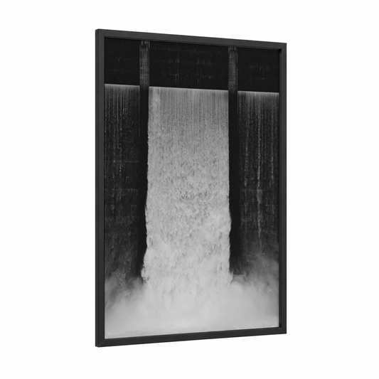 Monumental Dam Flow framed art print — black wood frame — black and white and gray palette