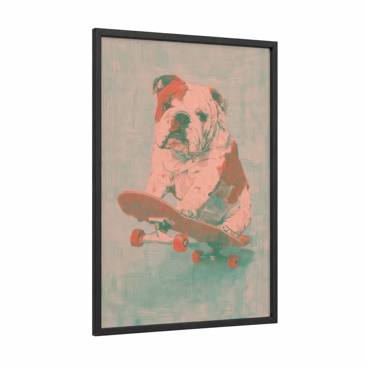 Skateboard Bulldog framed art print — black wood frame — pink and sage green palette