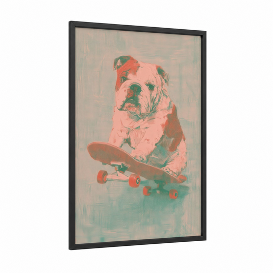Skateboard Bulldog framed art print — black wood frame — pink and sage green palette
