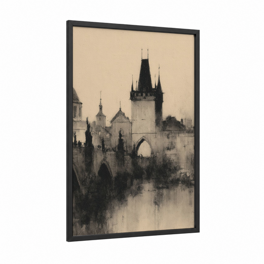 Misty Charles Bridge framed art print — black wood frame — black and white and gray palette