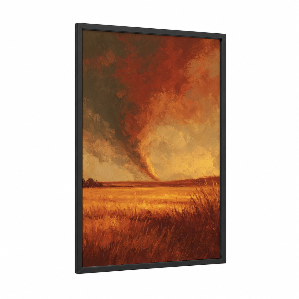 Golden Tornado framed art print — black wood frame — orange and gold palette