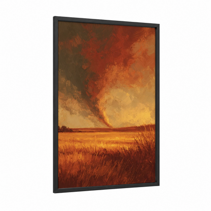 Golden Tornado framed art print — black wood frame — orange and gold palette