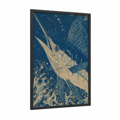 Leaping Sailfish framed art print — black wood frame — blue and cream palette