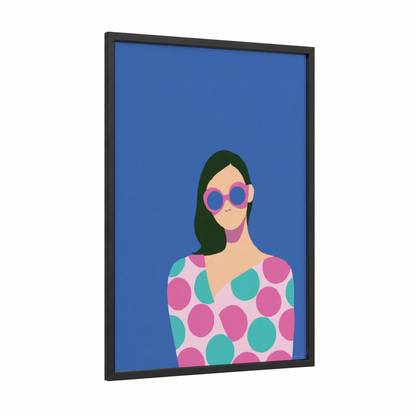 Retro Fashion Portrait framed fashion illustration print — black wood frame — magenta and blue and pink palette