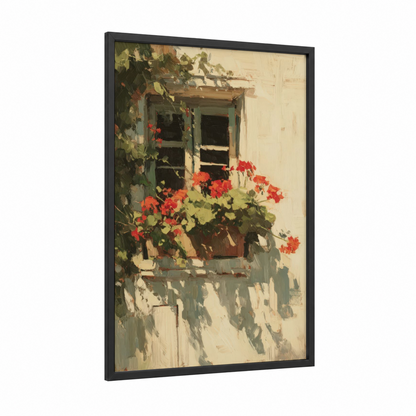 Rustic Geranium Window framed art print — black wood frame — red and cream palette