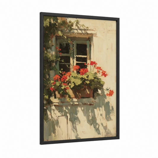 Rustic Geranium Window framed art print — black wood frame — red and cream palette