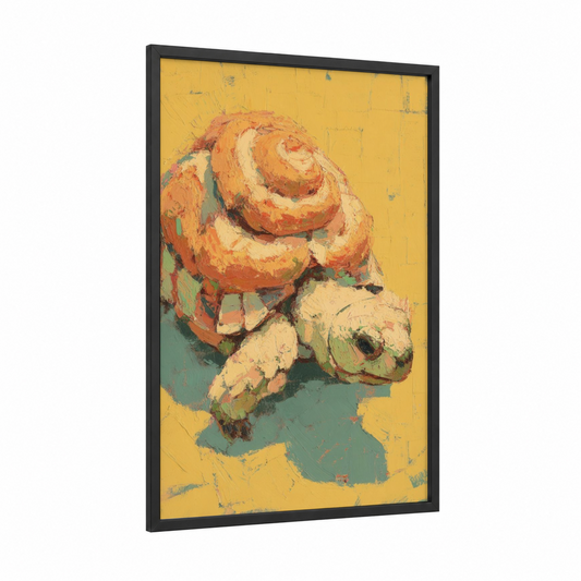Golden Turtle Bloom framed art print — black wood frame — yellow gold and orange palette
