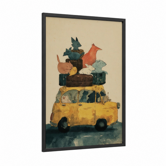 Whimsical Taxi Adventure framed taxi cab print — black wood frame — gold and sage green palette