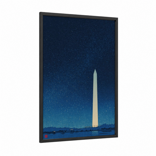 Starlit Monument framed washington monument print — black wood frame — dark blue and cream palette