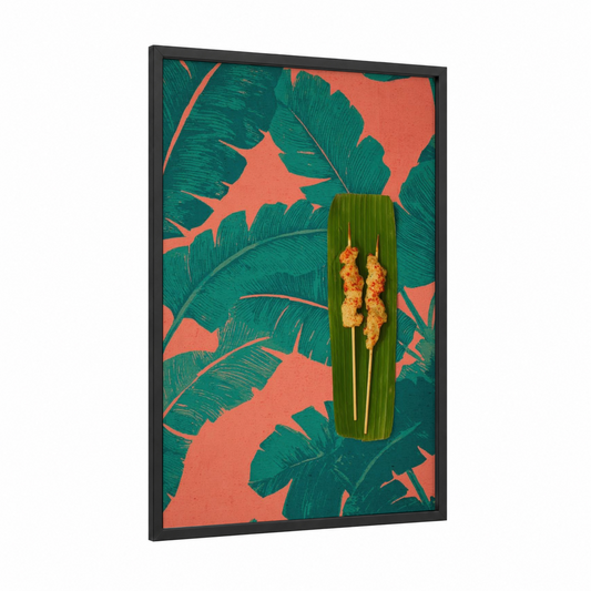 Tropical Poultry Skewers framed art print — black wood frame — teal and orange palette