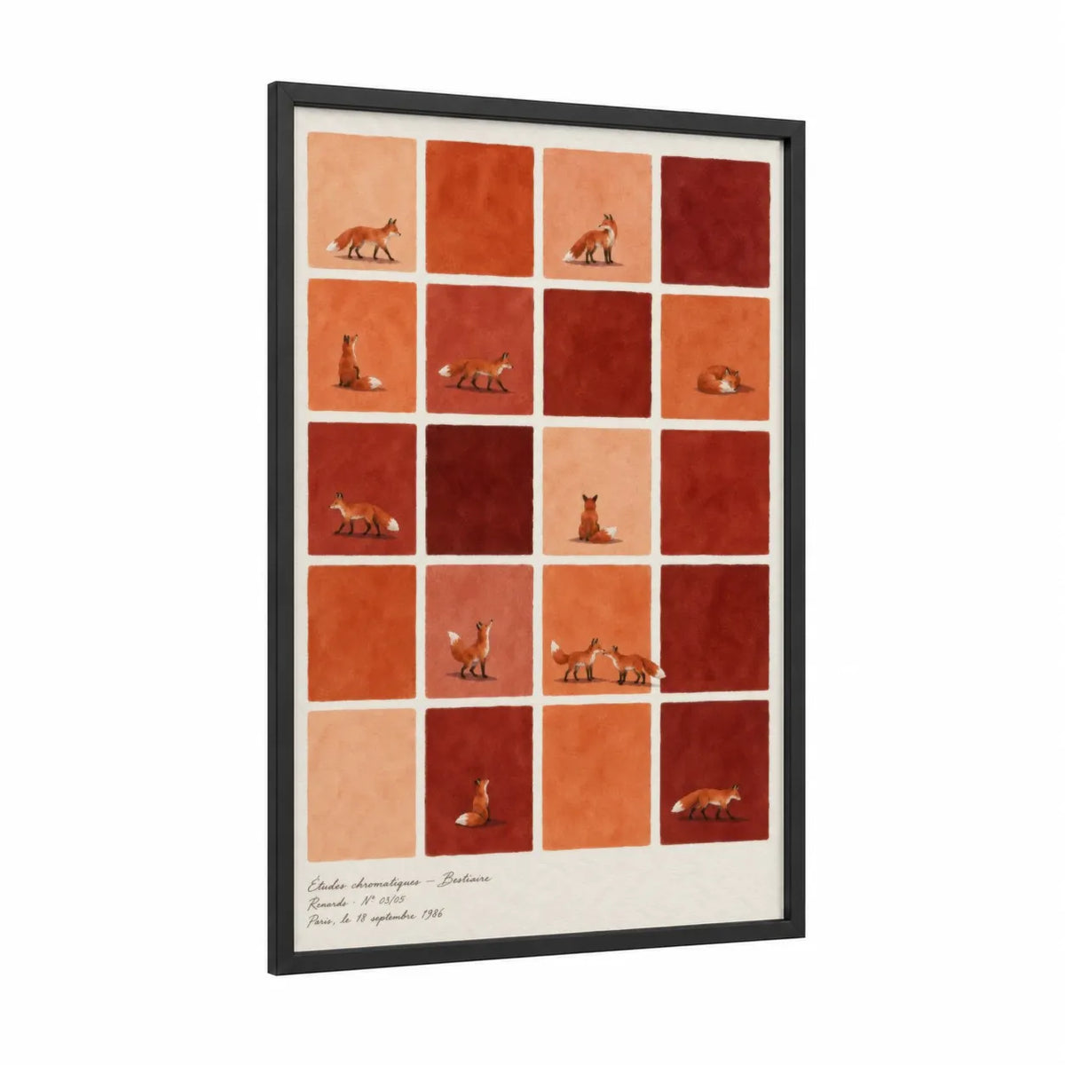 Fox Grid Minimalist Wall Art framed art print — black wood frame — orange and maroon palette
