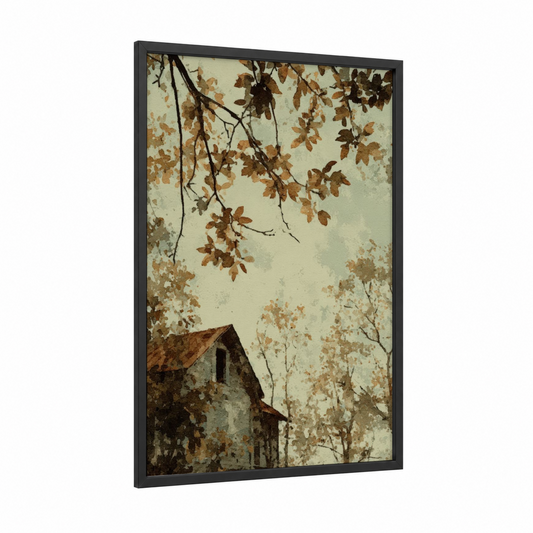 Autumn Linden framed linden tree print — black wood frame — sage green and cream palette