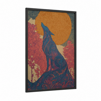 Moonlit Wolf Howl framed art print — black wood frame — gold and dark blue palette