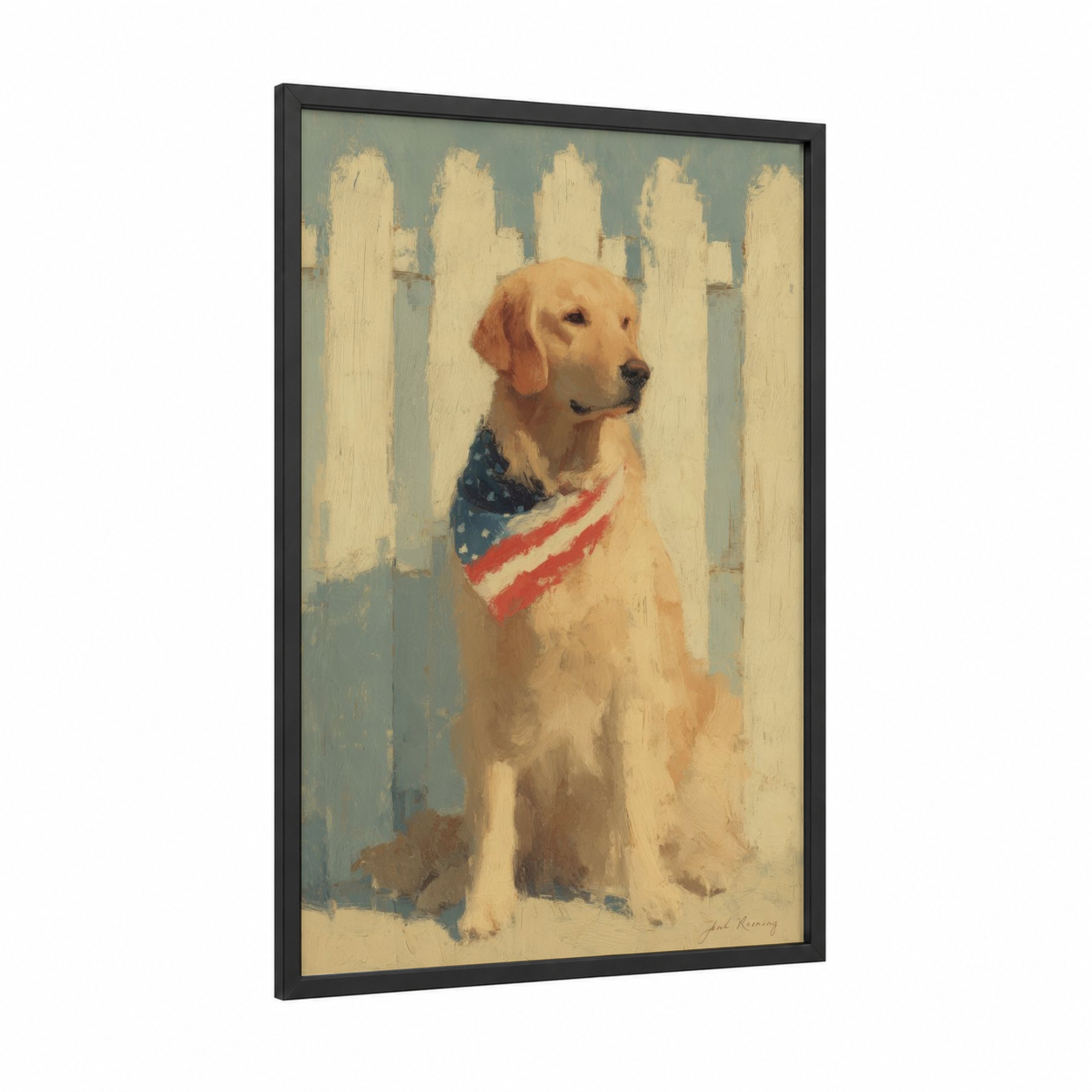 Patriotic Retriever framed 4th of july print — black wood frame — cream and sage green palette