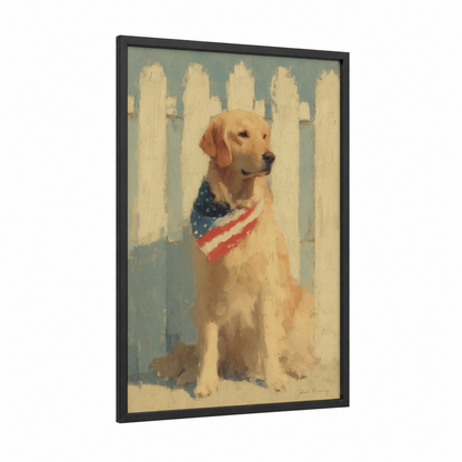 Patriotic Retriever framed 4th of july print — black wood frame — cream and sage green palette