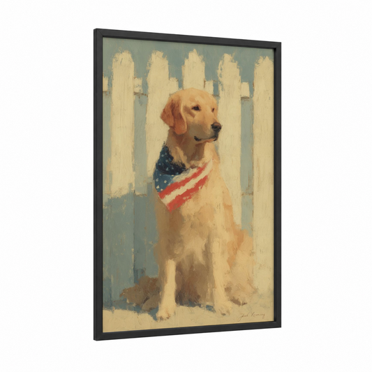 Patriotic Retriever framed 4th of july print — black wood frame — cream and sage green palette