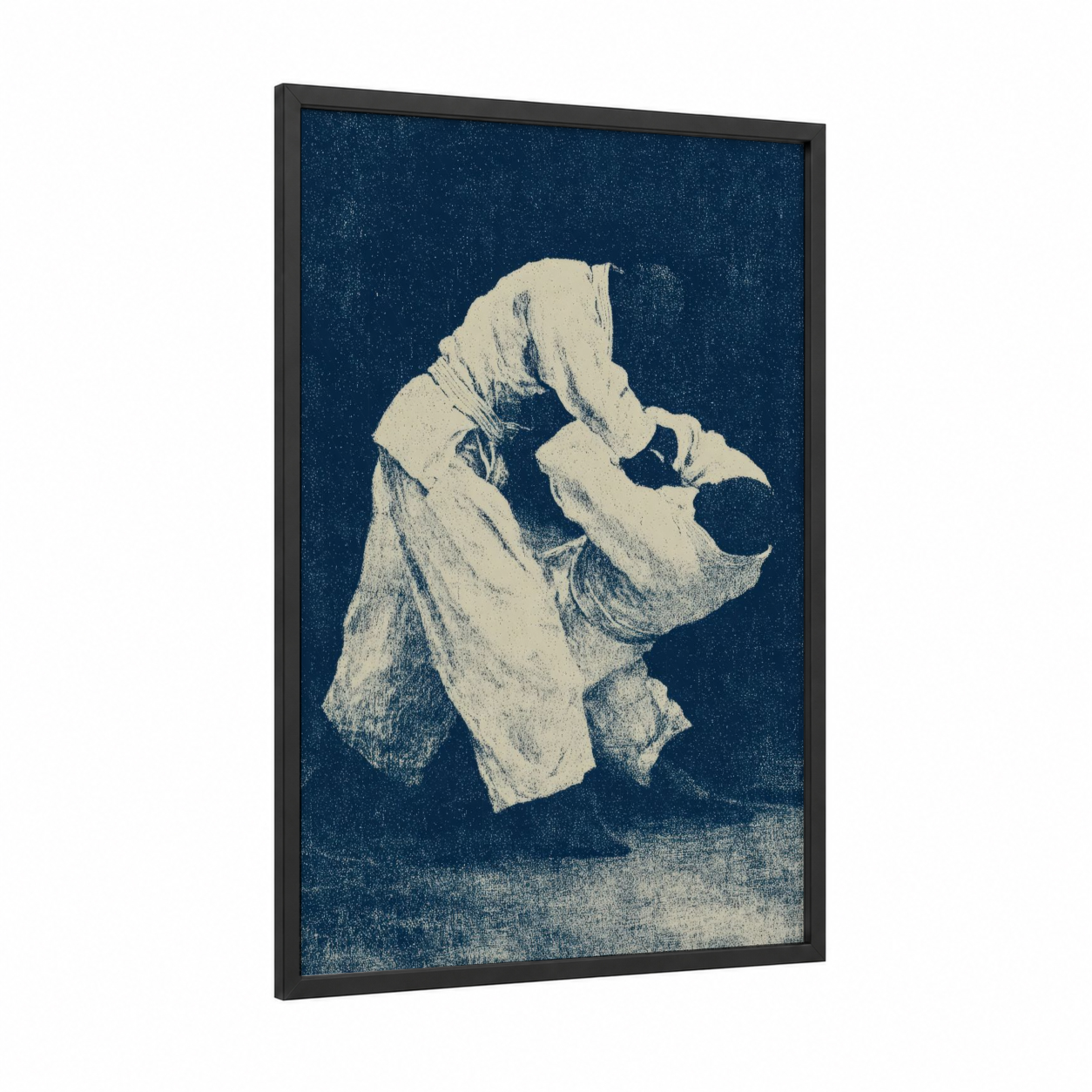 Judoka Throw framed art print — black wood frame — dark blue and black and white palette
