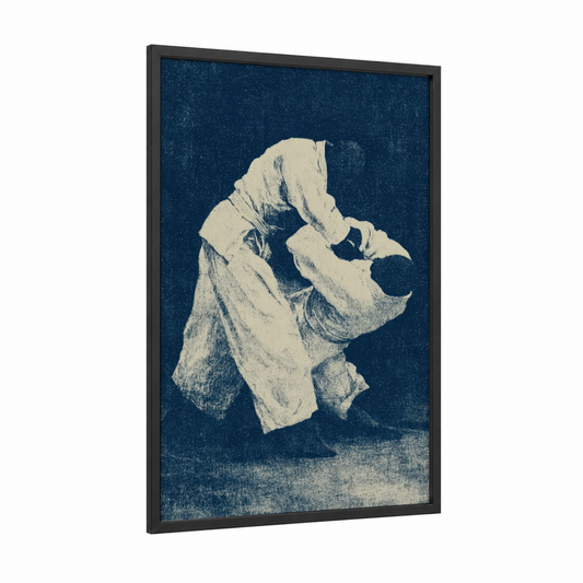 Judoka Throw framed art print — black wood frame — dark blue and black and white palette