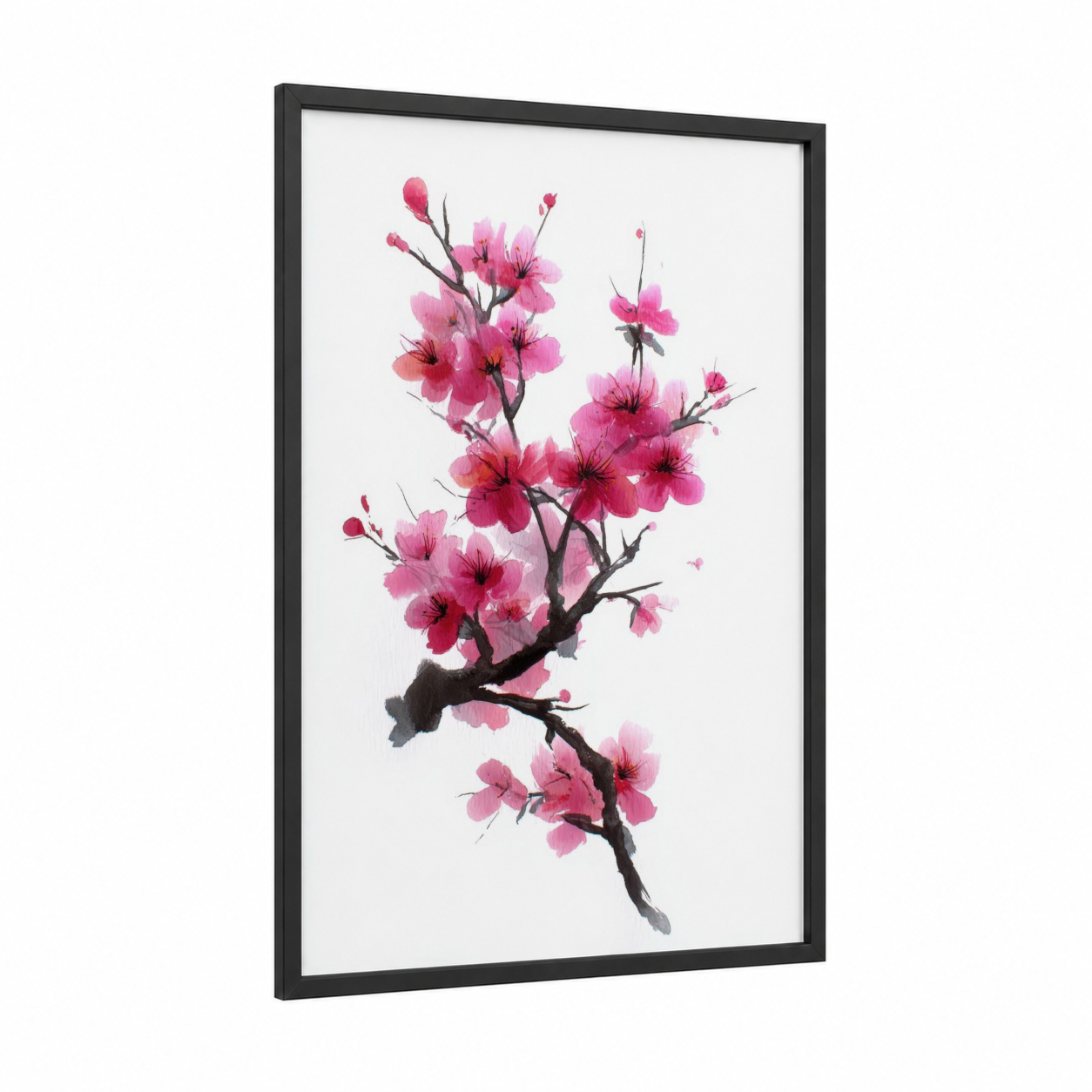 Pink Cherry Blossom framed cherry blossoms print — black wood frame — pink and white palette