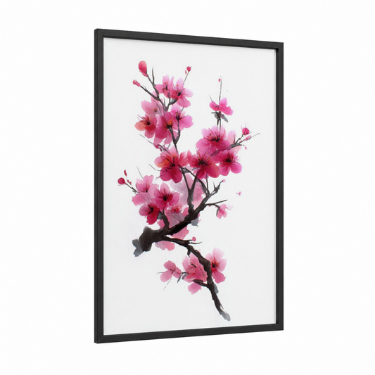 Pink Cherry Blossom framed cherry blossoms print — black wood frame — pink and white palette