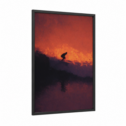 Sunset Surfer framed water surfing print — black wood frame — red and gold palette