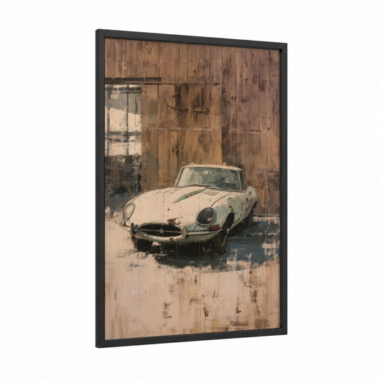 Abandoned Jaguar framed sports car print — black wood frame — russet and dove gray palette
