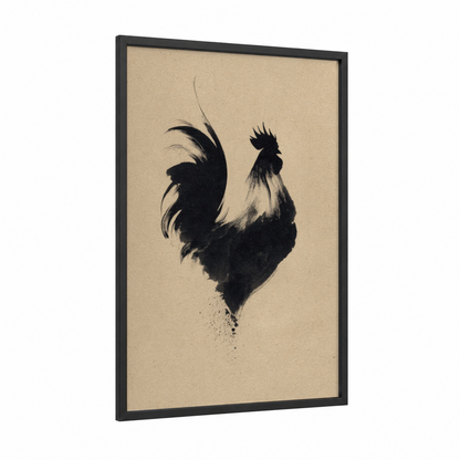 Bold Rooster framed chicken and roosters print — black wood frame — black and cream palette