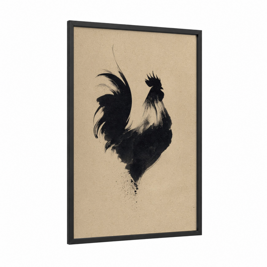 Bold Rooster framed chicken and roosters print — black wood frame — black and cream palette