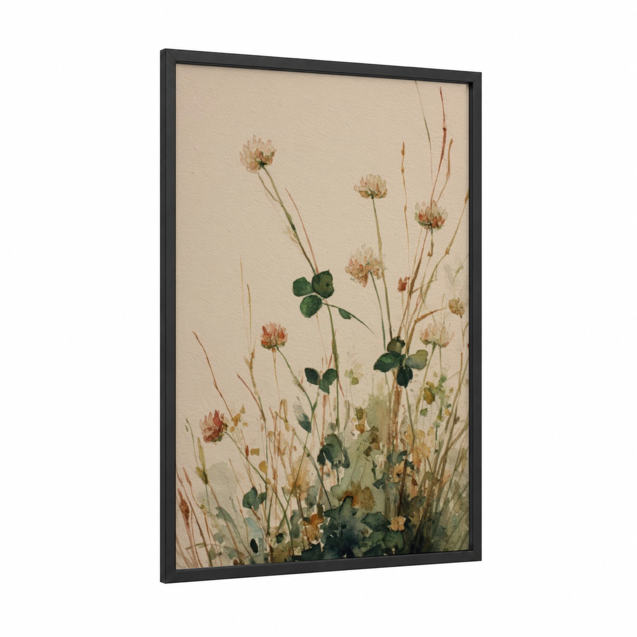 Delicate Clover Meadow framed grass print — black wood frame — beige and sage green palette