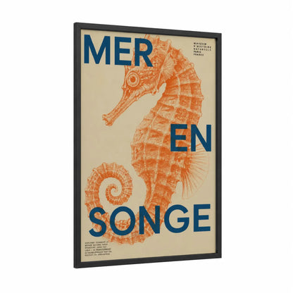Vintage Seahorse Museum Poster Wall Art framed sea horse print — black wood frame — orange and beige palette
