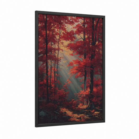 Crimson Maple Forest framed art print — black wood frame — red and gold palette