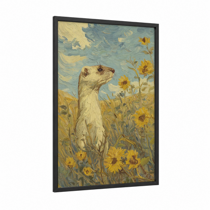 Sunflower Weasel framed art print — black wood frame — yellow gold and blue palette
