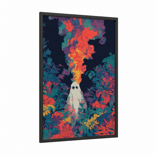 Glowing Ghost Garden framed art print — black wood frame — magenta and orange palette