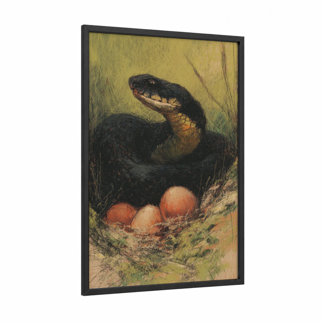 Nesting Cobra framed art print — black wood frame — gold and dark green palette