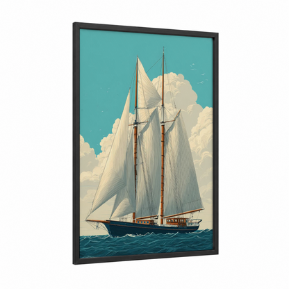 Coastal Sailing Ship framed art print — black wood frame — turquoise and cream palette
