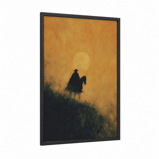 Golden Horizon Rider framed horseback print — black wood frame — yellow gold and black palette